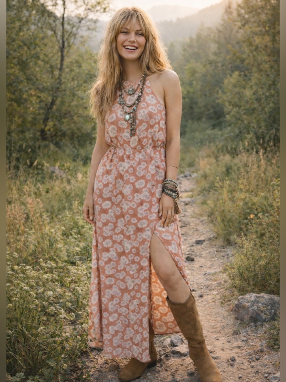Forever 21 Coral Sunflower Halter Maxi Dress Size S